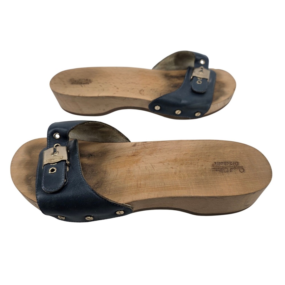 VTG Dr. Scholl's‎ Original Wood Sandals 8 Navy Blue Leather Excercise Slides Y2K